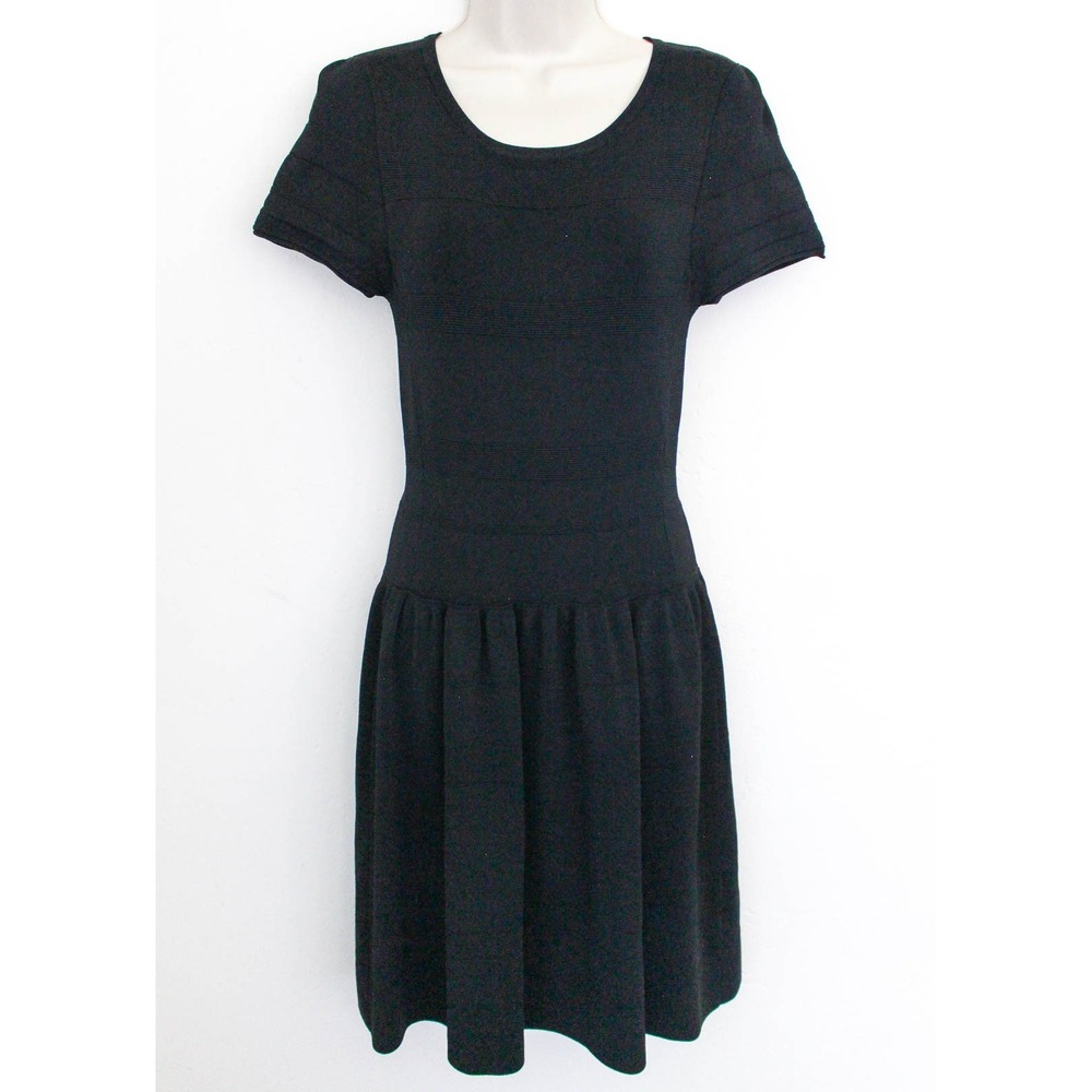 J. McLaughlin Dress Small Black Ribbed Stretch Knit Fit Flare Cap Sleeve Grace‎